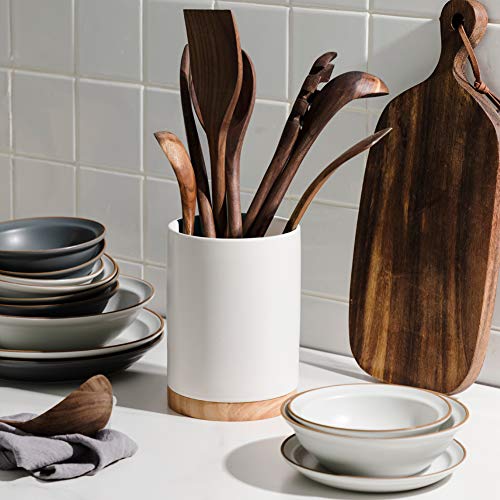 Sweejar Kitchen Utensil Holder with Wooden Bottom (6.7 Inch / White)