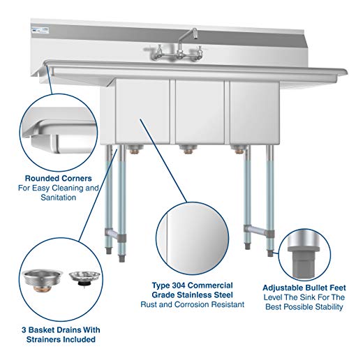 3 Compartment Stainless Steel NSF Commercial Kitchen Sink with Faucet and Cross braced Legs (2 Drainboards W/ Faucet)