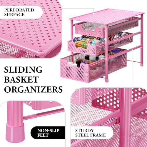 Stackable 3 Tier Sliding Basket Organizer Drawer (3-Tier / Pink)