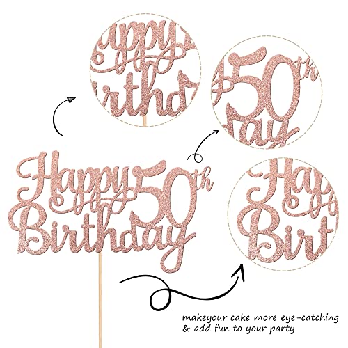 1 PCS Happy 50th Birthday Cake Topper Glitter Cheers to 50 Years Birthday Cake Pick 50 Fabulous Cake Decoration for Happy 50th Birthday Anniversary Party Decorations Supplies Rose Gold (Rose Gold / 50th)