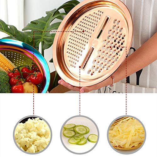 3-In-1 Multifunctional Grater Basin Colander Strainer Set, Mingcheng Stainless Steel Kitchen Grater/Drain Basket/Bottom Basin for Washing Rice, Fruits, Vegetable, Grater with Container (Rose Gold) (Rose Gold)