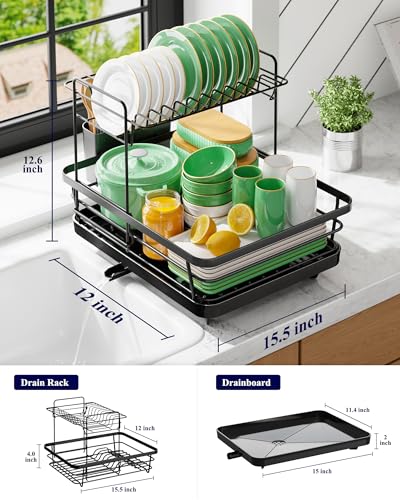 Dish Drying Rack for Kitchen Counter (Black / 12''W x 15.5''L - 2 Tiers)