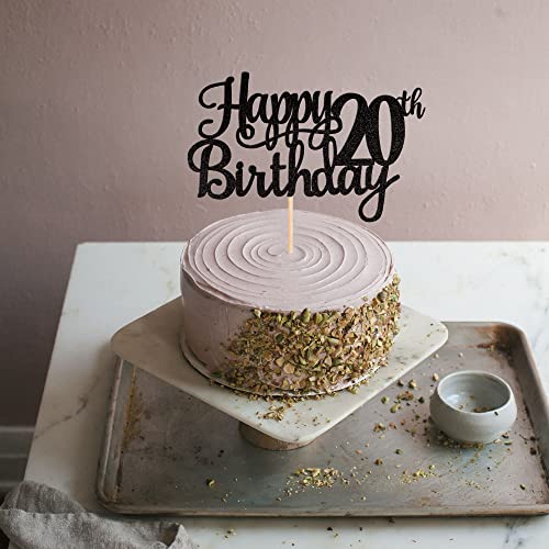 1 PCS Happy 20th Birthday Cake Topper Glitter Cheers to 20 Years Birthday Cake Pick Twenty 20 Fabulous Cake Decoration for Happy 20th Birthday Theme Party Decorations Supplies Black (Black / 20th)