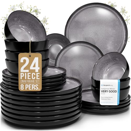 24 Piece Stoneware Dinnerware Set for 8 (Dark / Dark Gray / Set for 8 (24pcs))