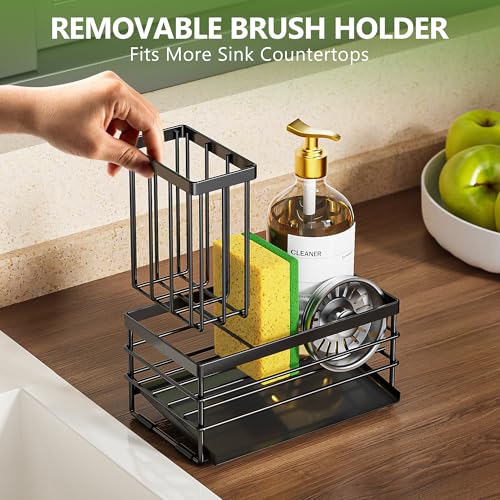 Sink Caddy Sponge Holder for Kitchen with Brush Holder and Stainless Steel Self Drain Tray (8.26'' / Black)