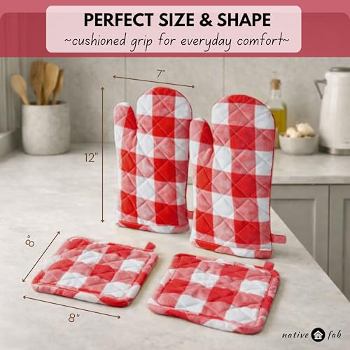 Buffalo Plaid Check Oven Mitts and Pot Holders Set of 4 (Buffalo, Red)