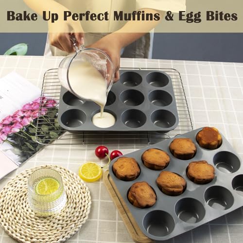 12 Cups Silicone Mini Muffin Pan Set (Set of 2--12 Cups (Grey+Grey))