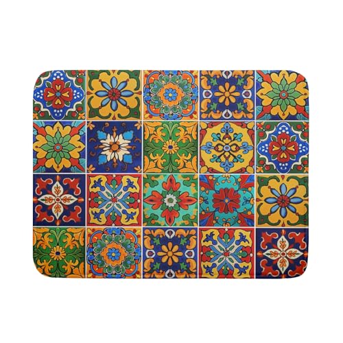 Mexican Tiles Dish Drying Mat for Kitchen Counter Absorbent Microfiber Dish Drying Pad Kitchen Gadgets Multi (Mexican Tiles Blue / 24" x 18")