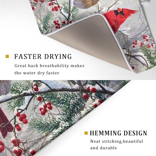 Red Bird Dish Drying Mat Merry Christmas Dishes Pad Absorbent Fast Dry Dish Drainer Mat Protector for Kitchen Counter 18 x 24 Inches (red bird / 18" x 24")