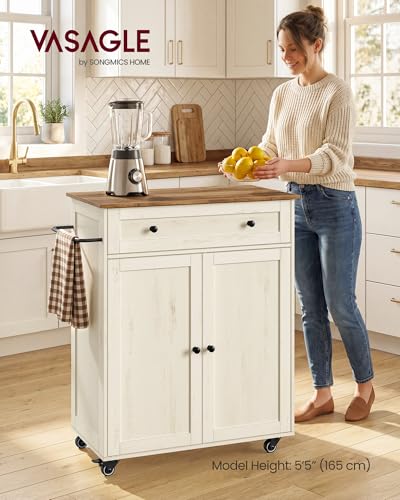 Mobile Kitchen Wooden Island Cart with Storage for Dining Room (Rustic White + Honey Brown / 15.8"D x 30.9"W x 35.1"H)