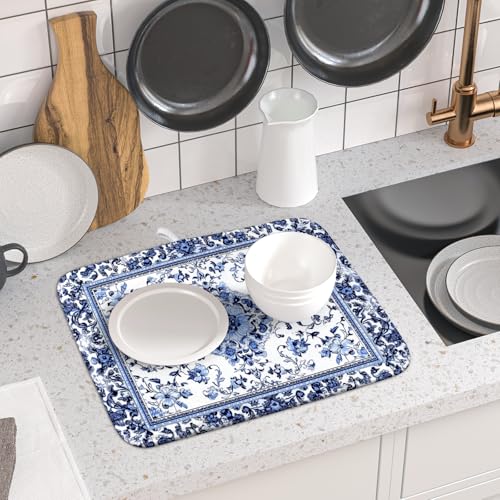 Boho Floral Dish Drying Mat 16x18 Inch Blue Leaves Kitchen Drying Pad Reversible Absorbent Dish Drainer Rack Mats Counter Tableware Decor (Blue Boho Floral / 16" x 18")