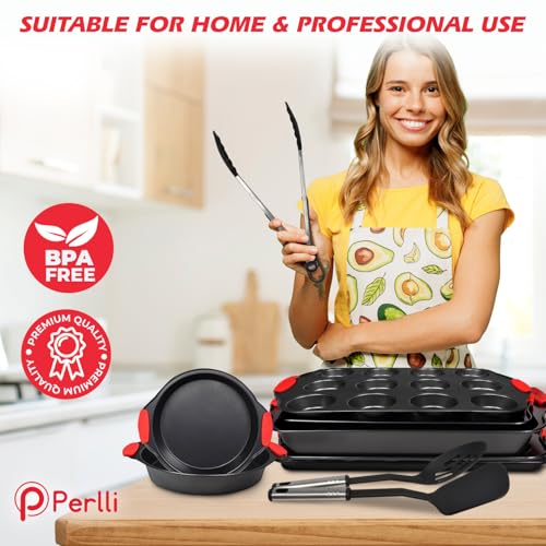 Non-Stick 17-Piece Baking Pan Set, BPA-Free Carbon Steel Bakeware Set with Silicone Handles, Stackable Kitchen Oven Set, Cookie Sheet, Baking Tray, Baking Sheet Set, Utensils, Oven Safe (446°F) (17 Piece)