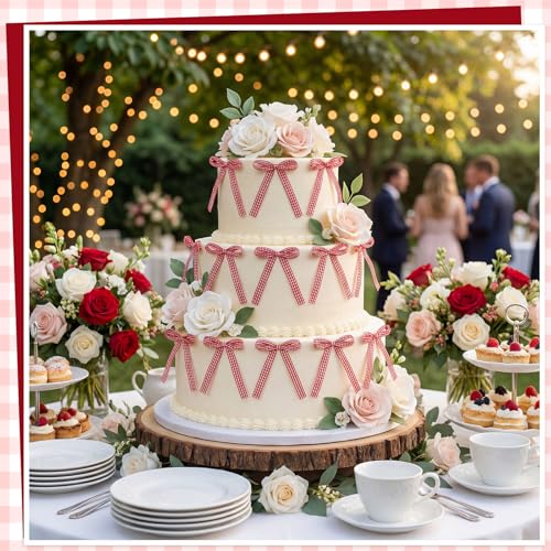 30 Pack Gingham Ribbon Bows for Cake Red Gingham Bow Cake Toppers (Red Gingham)
