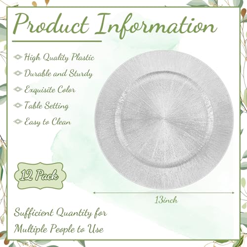 12 Pcs Silver Charger Plates 13 Inch Round Ruffled Rim Bulk (Modern Style / Silver)