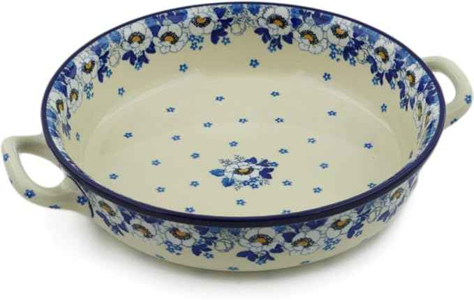 Polmedia Polish Pottery Round Baker with Handles 10-inch - Blue Spring Pattern Handmade in Boleslawiec Poland by Ceramika Artystyczna + Certificate of Authenticity