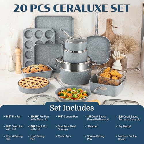 Ceraluxe 20Pc Pots and Pans Set Non Stick Ceramic Cookware Set (Gray Speckle)