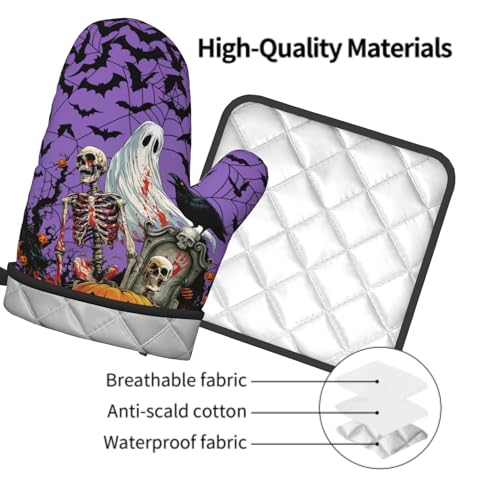 Halloween Pumpkin Oven Mitts and Pot Holder Set of 2 Spooky Ghost Bat Heat Resistant Kitchen Gloves Hot Pad for Baking Cooking Grilling BBQ (Halloween Purple)