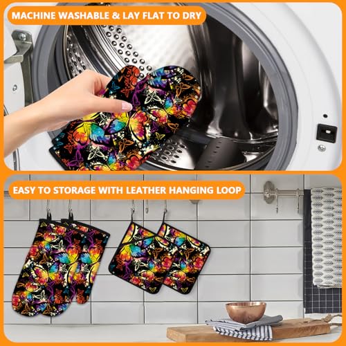 Colorful Butterfly Oven Mitts and Pot Holders Sets 4Pcs (Colorful Butterfly)