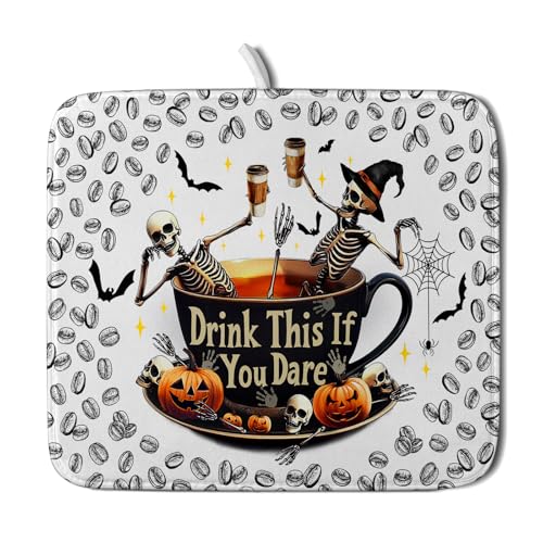 Funny Skull Coffee Mat for Table Counter Skeleton Dish Drying Mat Holiday Decoration for Home Coffee Bar (Dead Coffee White / 18" x 16")