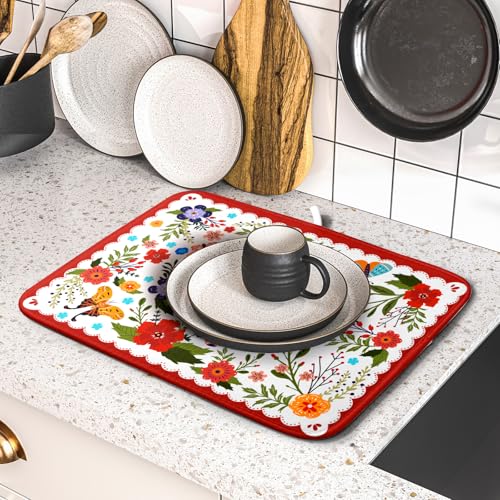 Flowers Printed Dish Drying Mat Floral Coffee Mat for Kitchen Counter Small (Light Flowers Red / 18" x 16")