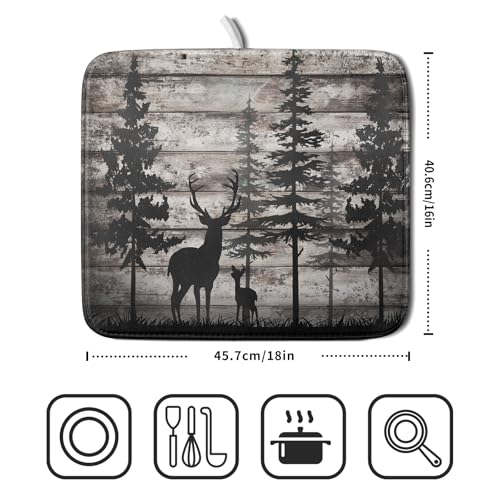 Forest Deer Dish Drying Mat Wildlife Animal Decorative Microfiber Dishes Pad 16x18 Inch Absorbent Reversible Kitchen Counter Drainer Mats (Black Forest Deer / 16" x 18")