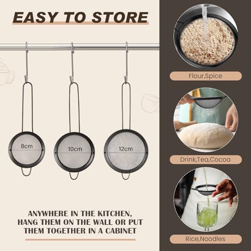 4 Quart Black Colander and 3 Metal Fine Mesh Strainer Set (4 Quart / Black)