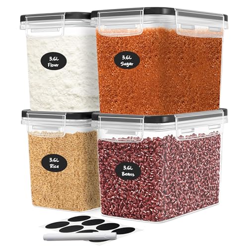 Flour Sugar Storage Containers Set of 4; 3.6L Plastic Airtight Food Storage Containers with Lids for Kitchen Pantry Organization and Storage (4 Count)
