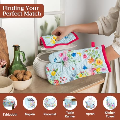 100% Cotton Oven Mitt & Pot Holder Set (093 - Jardin D'ete - Mint / 7.5" x 13" & 8" x 8" (Oven Mitt & Pot Holder))