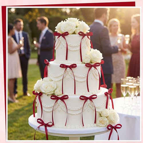 30 Pack Bow Cake Toppers Wine Red Ribbon Bows for Cake Back to School Decor (Wine Red)
