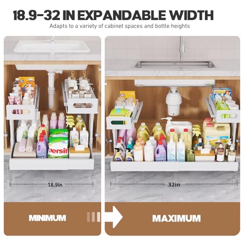 1 Pack-19"-32"W Expandable Under Sink Organizer With Upgrade Ball-Bearing Slide,2-Tier Pull Out Under Cabinet Organizer Height Adjustable,Not Suitable For Cabinets With Partitions In The Middle (1 Pack-19"-32"W / White)
