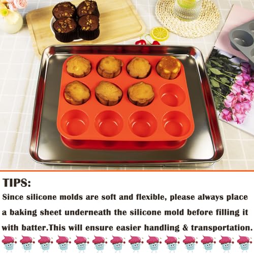 12 Cups Silicone Mini Muffin Pan Set (Set of 2--12 Cups (Red+Red))