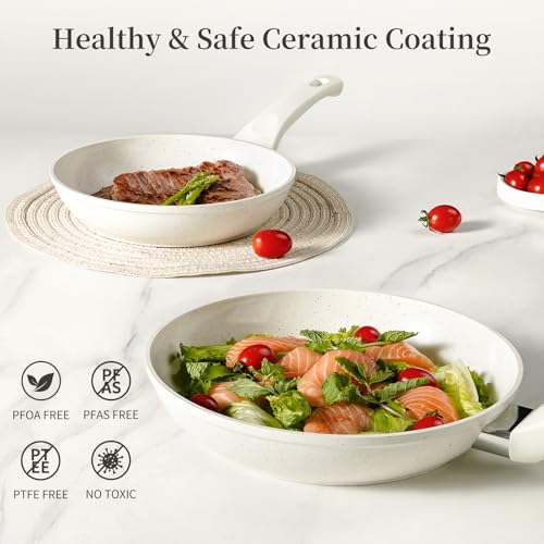 Nonstick Ceramic Frying Pans Skillets Set with Lid 8"+9.5"+11" (Cream White)