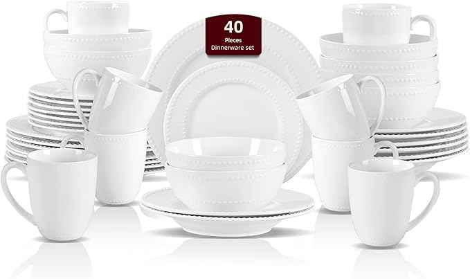 HomeVss, New Bone China Dinnerware Set, Embossed Pearl Design, 40pc Dinnerware Set