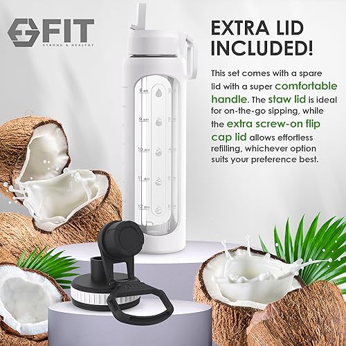 Glass Water Bottle 32 oz with Straw Lid & Time Marker (White Sleeve)