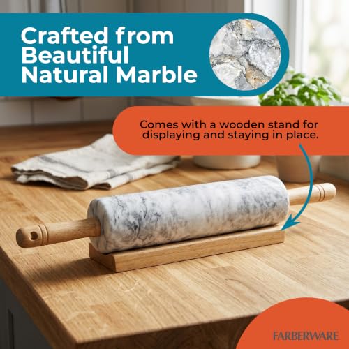 Dough Rolling Pin with Wooden Stand (Marble)