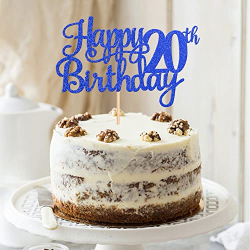 1 PCS Happy 20th Birthday Cake Topper Glitter Cheers to 20 Years Birthday Cake Pick Twenty 20 Fabulous Cake Decoration for Happy 20th Birthday Theme Party Decorations Supplies Blue (Blue / 20th)