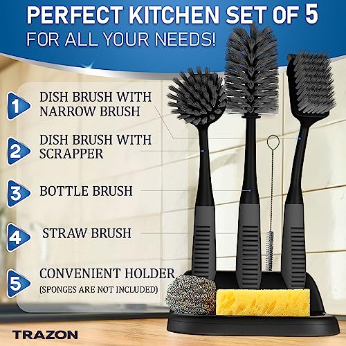 Dish Brush Set of 5 with Holder (Black)
