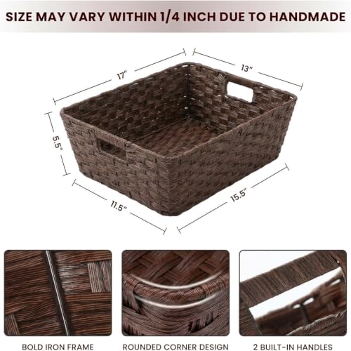 Large 2 Pack Plastic Wicker Storage Baskets (17" x 13" x 5.5" / Brown)