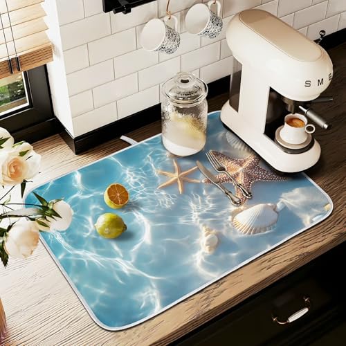 Starfish and Seashell on The Summer Beach Dish Drying Mat for Kitchen Counter Absorbent Microfiber Small Drying Pad Dish Mats for Kitchen Countertops 16 x 18 Inch (18" x 16")