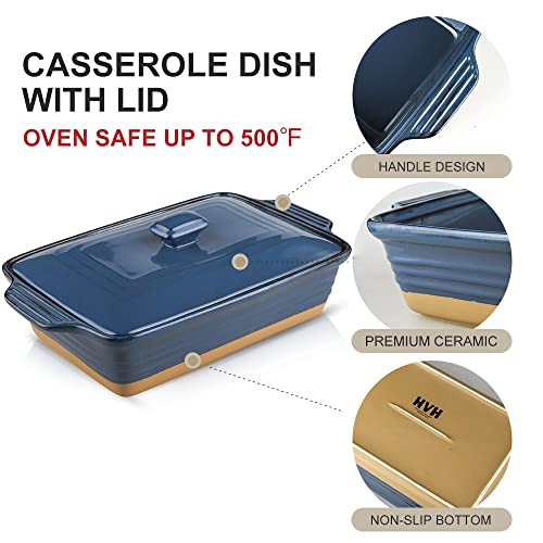 Ceramic Casserole Dish with Lid Oven Safe (Dark Blue)