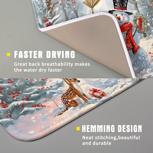 Winter Snowman Dish Drying Mat for Kitchen Counter Red Bird Berry Dishes Drainer Mats Holiday Microfiber Absorbent Dish Rack Pad 16x18 Inch (Winter Snowman Deer / 16" x 18")