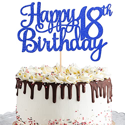 1 PCS Happy 18th Birthday Cake Topper Glitter Cheers to 18 Years Birthday Cake Pick 18 Fabulous Cake Decoration for Happy 18th Birthday Theme Party Decorations Supplies Blue (Blue / 18th)