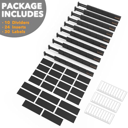 Bamboo Drawer Dividers with Inserts and Labels (2.35''H, 17''-22''L, 10 Dividers / BLACK)