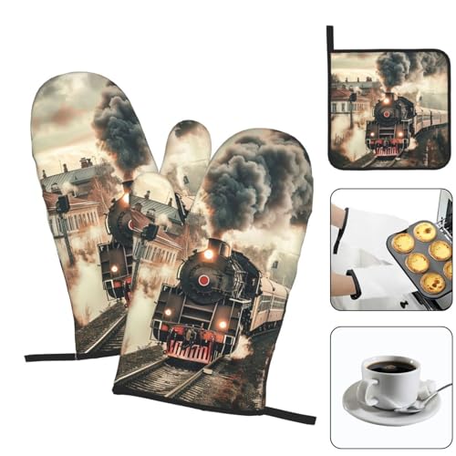Train Travelling Oven Mitts and Pot Holders Sets of 3 Heat Resistant Oven Gloves Hot Pads Non (Train Travelling)