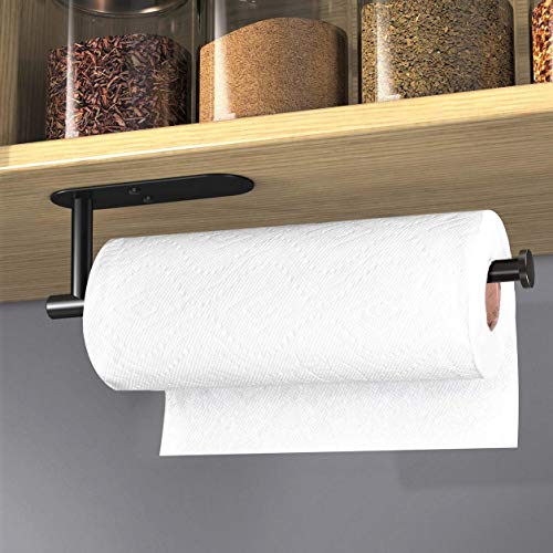 Adhesive Paper Towel Holder Under Cabinet Wall Mount for Kitchen Paper Towel (Black / 1 Pack)