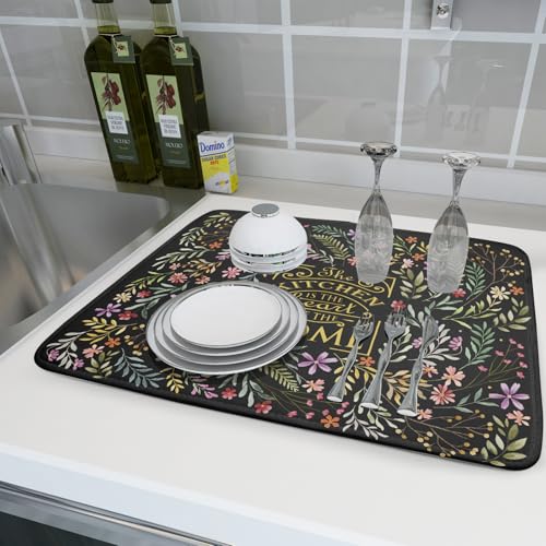 Vintage Microfiber Dish Drying Mat Wildflowers Leaves Absorbent Dry Mat for Kitchen Counter Decor (Vintage Leaves Black / 24" x 18")