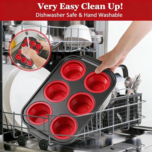 Muffin Pan, 6-Cup Nonstick Silicone Muffin Pans for Baking, Food-Grade Cupcake Pan for Oven, Microwave, Dishwasher Safe, BPA-Free Silicone Baking Mold for Muffins, Cupcakes, Egg Muffins (6 Cups Red)