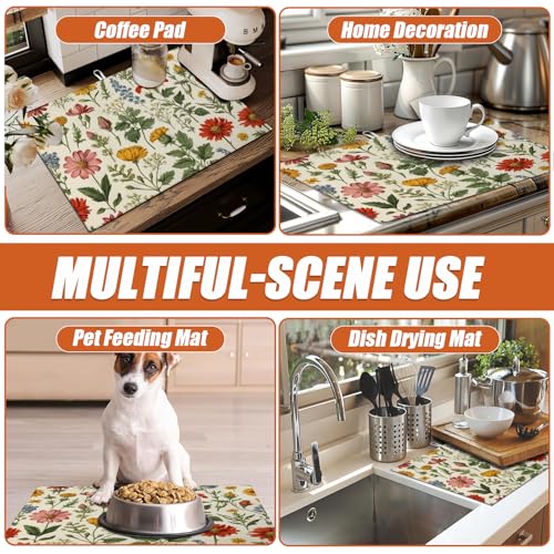 Spring Wild Flower Dish Drying Mat for Kitchen Counter Microfiber Absorbent Dish Kitchen Drying Mat Draining Reusable Washable for Dishes