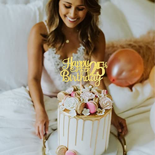 1 PCS Happy 25th Birthday Cake Topper Gold Glitter Cheers to 25 Years Birthday Cake Pick 25 Fabulous Cake Decoration for Happy 25th Birthday Theme Party Decorations Supplies (Gold / 25th)