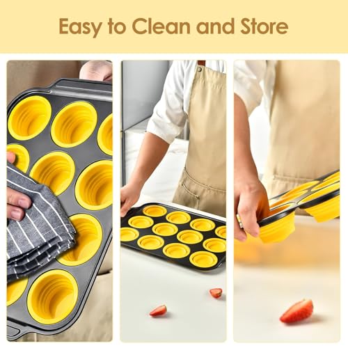 12 Cups Silicone Muffin Pans for Baking with Metal Frame (12 Cups Yellow)